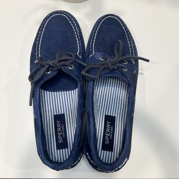 Sperry Top-Sider A/O 2-Eye Seersucker Men's Sz 9.5 M Blue /White Boat Shoes -EUC - Picture 3 of 5
